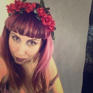 Red silk rose silver wire flower crown headband